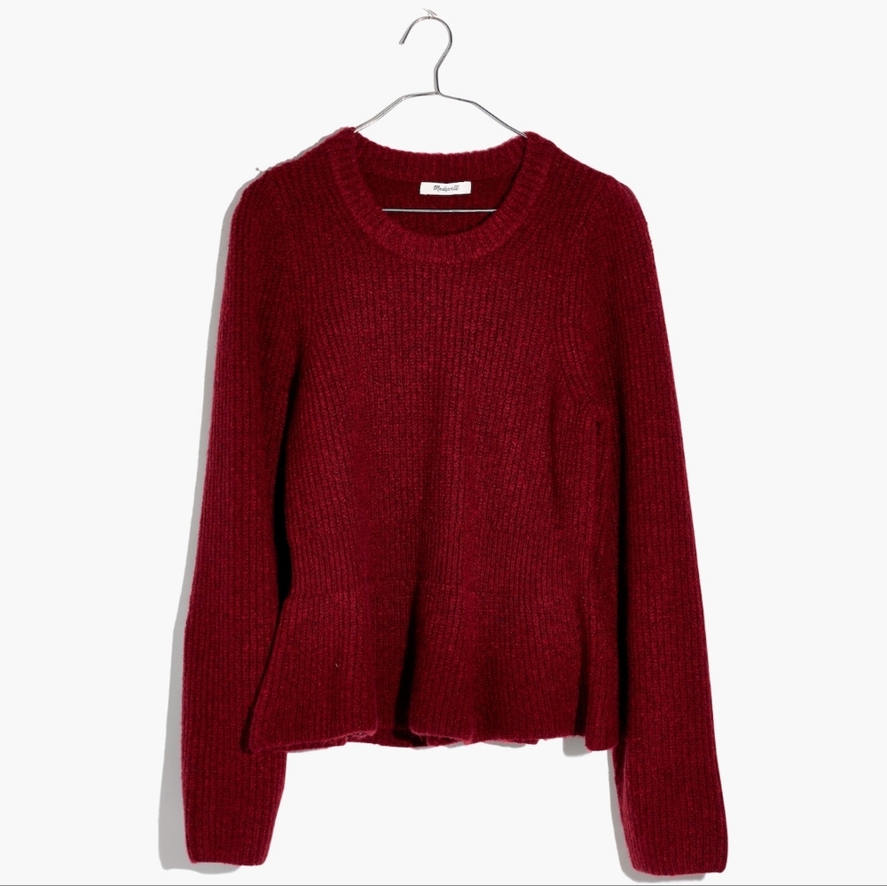 Madewell Peplum Pullover Knit Sweater Women's‎ XS Heather Noir Burgundy Wool